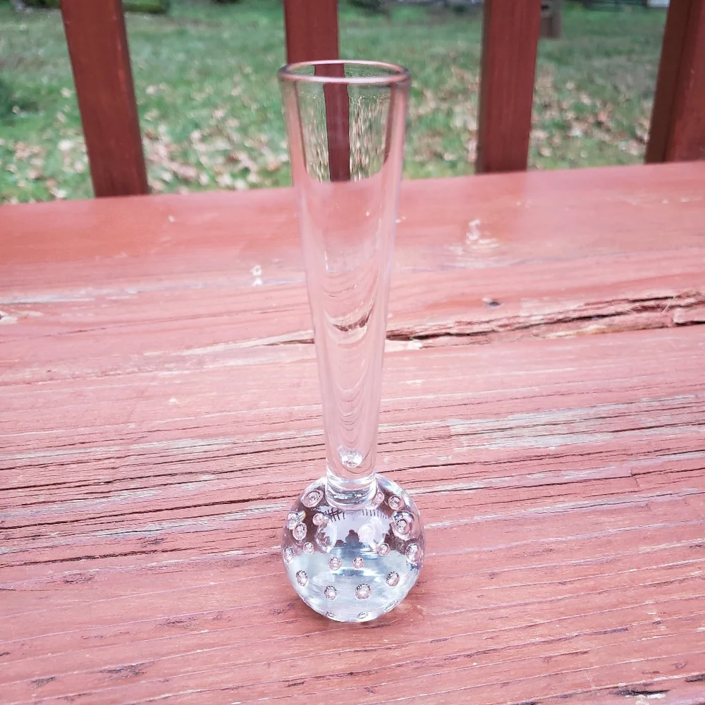 VTG SMALL Clear Glass Bud or Flower Vase W/ Bubble Filled Ball Base - 5.5